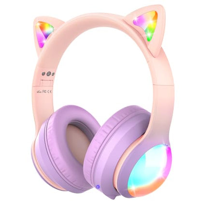 FosPower Kids Bluetooth 5.2 Headphones with LED Cat Ears (85/94dB Safe Volume Limit) Foldable Wireless or Wired Headset with 100hr Play Time and 3.5mm Cable for School/Travel - Light Pink/Light Purple - color: 05 - Light Pink/Light Purple (Bluetooth)