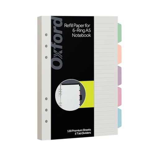 Oxford A5 Refill Paper, 6 Ring Lined Paper with Pastel Binder Dividers, 5 Tabs, 120 Sheets, 6 x 8.25 Inches, Notebook, Bullet Journal and Planner Inserts (1016731) - size: A5 5 Tab Dividers