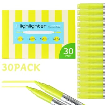 Yellow Highlighters, 30 Pack Dual Tip Highlighter Markers Bulk Set, Fluorescent Yellow with 2mm Fine & 4mm Chisel Tips, Quick-Dry, Bright Color for Bible Study, Office, School Supplies