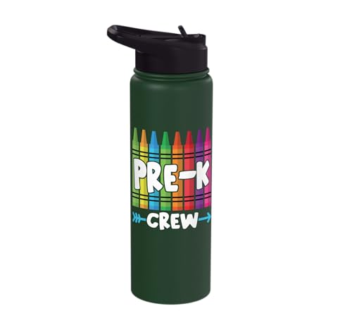 Pre-K Crew Cute Preschool Crayon School Field Day Trip 2025 Stainless Steel Insulated Water Bottle - color: Dark Green