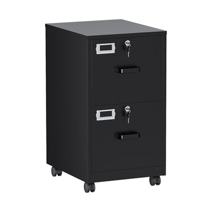 BYNSOE 2 Drawers File Cabinet with Lock Metal Vertical File Cabient with Wheels Mobile File Cabinet for Office Home Legal/Letter/a4 Size Require Assembly - color: Black, size: 2 Drawers-wheels