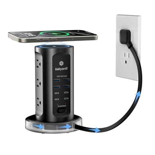 Kakyanill 30W USB Charging Station, Power Strip Tower, 9 AC Outlets with 8 USB Ports(4 USB-C), 6Ft Flat Plug Retractable Extension Cord, for Home Office Dorm, Black - color: Black&Grey