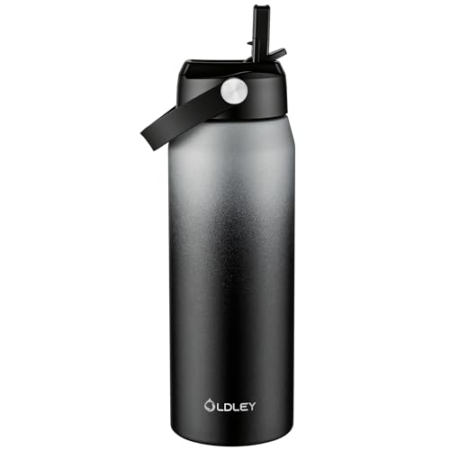 Oldley 24oz Insulated Water Bottle with Straw, Stainless Steel Water Bottle for Sports, Travel, School, BPA-Free Sports Bottles for Adult Kids, Leak-Proof, Gray-Black - color: Gray/Black, size: 24 Ounces