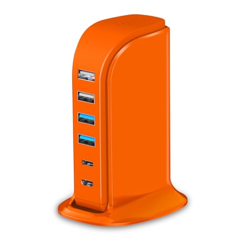 Upoy Dual USB C Charger Block, Charging Station for Multiple Devices 45W Total, USB Tower Hub Travel Ready, 6 Ports Charging Blocks for Guest Room, Office, Desk - color: orange usb c charger block