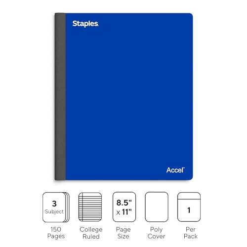 STAPLES Premium 3‑Subject Notebook, 8.5” x 11”, College Ruled, 150 Sheets, Blue - size: 3 Pack