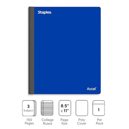STAPLES Premium 3‑Subject Notebook, 8.5” x 11”, College Ruled, 150 Sheets, Blue - size: 3 Pack
