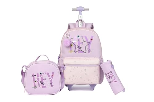 Kids Backpack for Girls Luggage School Trolley Bag with Lunch Box 3pc Set (HEY PURPLE) - color: Hey Purple