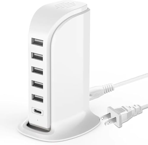 USB Charging Station for Multiple Devices, 40W Multiport Charger Tower, Type C Port Supports PD Quick Charge Compatible with iPhone, Smartphones, Tablets and Other Devices (White) - color: White, size: 40W