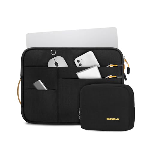 Omnpak for 13.6 inch MacBook Air Case Sleeve Compatible with 13 inch New MacBook Air M5/MacBook Neo A18 Pro, 13-14" Recycled PET Laptop Carrying Case with Handle and Accessory Pocket - color: Black with Accessory Pouch, size: For 13-14 inch MacBook M4/M3/