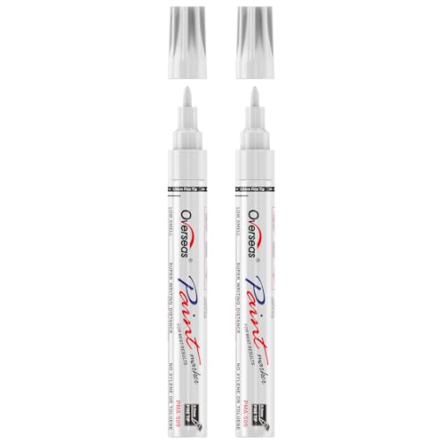 Overseas White Oil Based Paint Markers, 2 Fine Tip Permanent Paint Pens | 0.9mm Fine Nib, Waterproof, Quick Dry, Fade Resistant, Oil Marker Pen for Metal, Rubber, Wood, Plastic, Rock, Glass, Canvas - color: White