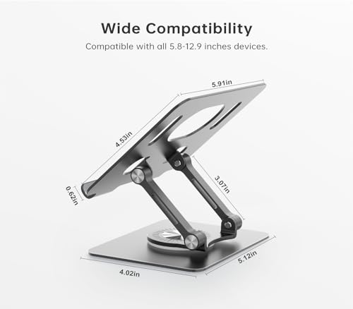Orlian Tablet Stand Holder with 360° Rotating Base Dual Rod Aluminum Adjustable Tablet Stand for Desk Compatible with iPad Samsung Phone Kindle E-Reader and More, Black - color: Black