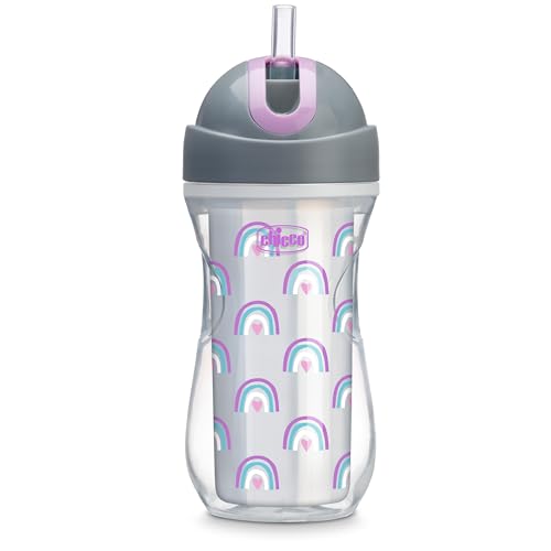 Chicco Insulated Straw Sippy Cup 12+ Months, 9oz Toddler Training Cup with Spill-Free Flip-Top Lid, BPA-Free 2-Pack, Silver/Purple Rainbow - color: Rainbow Silver/Purple, size: 9 Ounces