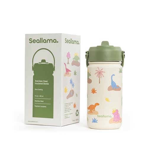 Seallama. Kids Water Bottle - 14 oz Stainless Steel Tumbler with Straw Lid, Vacuum Insulated Double Wall Travel Cup, Leak-Proof Reusable Drink Bottle for School & Everyday Hydration - color: Dino Darling