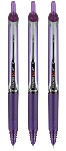 Precise V5 RT Retractable Rolling Ball Pens, Extra Fine Point (.5mm), Purple Ink, 3-pk; Premium Comfort Grip, Include with Plastic Reusable Pouch - color: Purple, size: 3 Count (Pack of 1)