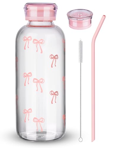 NiHome 25oz/750ml Pink Bow Glass Water Bottle with Silicone Straw, 2 Lids, Cleaning Brush, Borosilicate Glass for Hot and Cold Drinks, Leak-Proof Reusable Bottle for Travel, Gym, Office, School, Home - color: Pink