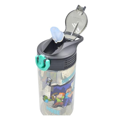 HOX Minecraft Reusable Drinks Bottle | BPA-free Plastic Lightweight Water Bottle with Carry Loop | Removable straw & spills Proof | Gift for Minecraft fan | Licensed Merchandise 600ML