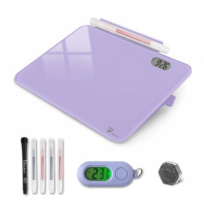 Small Glass Desk Whiteboard Dry-Erase Board with Clock, Small Travel Clock Keychain with Desk Notepad, Time Table Whiteboard for Desk Digital LED Light Display, 8x6 in with Accessories, Purple - color: Purple With Clock