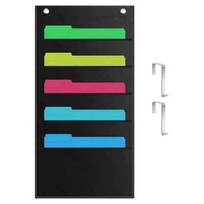 ZKOO 5 Pockets Hanging Wall File Organizer for A4 Size Paper/Legal/Letter Size Document, Sturdy Wall Mail Organizer Black Pocket Chart Great for Classroom, Office, Home Use with 2 Hangers - size: 5 Pocket