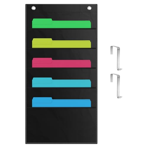 ZKOO 5 Pockets Hanging Wall File Organizer for A4 Size Paper/Legal/Letter Size Document, Sturdy Wall Mail Organizer Black Pocket Chart Great for Classroom, Office, Home Use with 2 Hangers - size: 5 Pocket