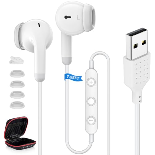ASKUBSKU Wired Earbuds USB Headsets with Microphone for PC 7.5FT, White | USB Headphone for Computer, Laptop Earphone with Microphone, USBA Corded Ear Buds for Office Zoom Meeting Call School Class - color: White