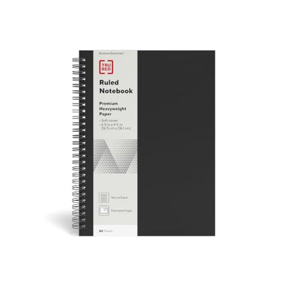 TRU RED Medium Soft Cover Lined Notebook, Wirebound, Perforated, 80 Sheets, Interior Pocket