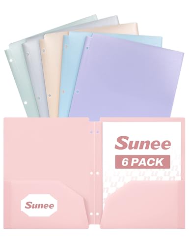 SUNEE 3 Hole Pocket Folders (6 Pack, Pastel Color), Plastic Pocket Folders for 3 Ring Binder, 3-Hole Punched Folder with Pockets, for Kids, Students, Teachers, Office Staff - color: Multicolored 2, style: 6-Pack