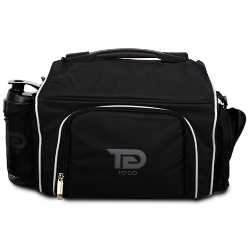 TO GO Meal Prep Bag Insulated Lunch Meals Bag W/6 Portion Control Containers,2 ICE PACKS, Shaker, Pill Box,With an Adjustable shoulder. bag for meals (Black)