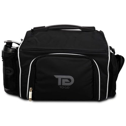 TO GO Meal Prep Bag Insulated Lunch Meals Bag W/6 Portion Control Containers,2 ICE PACKS, Shaker, Pill Box,With an Adjustable shoulder. bag for meals (Black)