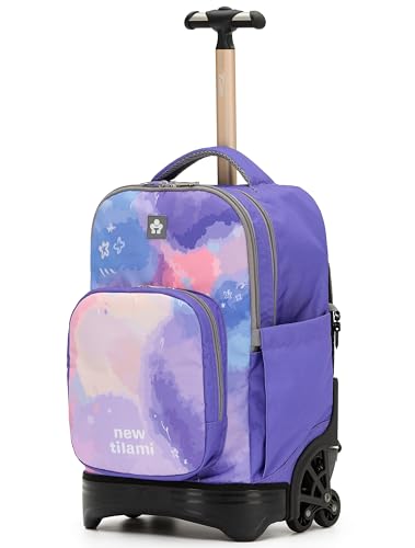 NEW TILAMI 18-Inch 6-Wheel Rolling Backpack for Kids, Purple Sky | Tear-Resistant Tuck-Away Trolley Handle Padded Back Panel Adjustable Shoulder Straps School Days Trips - color: Purple Sky