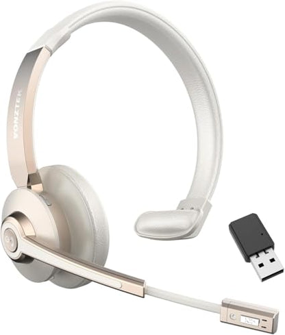 Wireless Headset, Bluetooth Headphones with Microphone Noise Canceling & Mute, 5.0 Trucker Bluetooth Headset with Mic/USB Dongle for Cell Phone Computer Work Office Teams Meeting Call Center - color: Champagne Gold & White