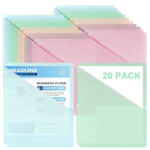 20 Pack Binder Pocket Letter Size Clear Plastic Document Folders File Folders Plastic 3 Hole Punch Binder Folders Binder Dividers with Pockets Binder Folders Side Loading 11x8.9 inch Assorted Colors - color: Color