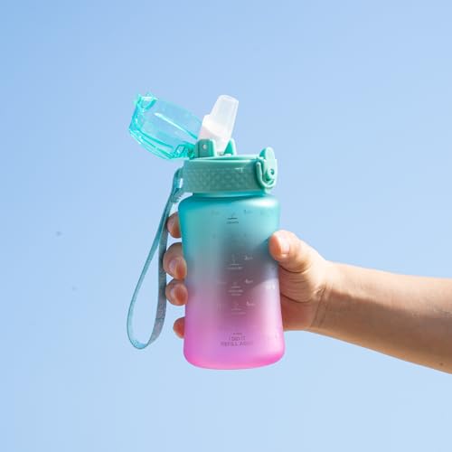 OLDLEY Kids Water Bottle for School, 12 oz (2 lids) BPA-Free Reusable Leak-proof Durable Tritan Plastic Water Bottles with Straw & Chug Lids, Anti-dust Spout Cover (Green Purple) - color: Green Purple, size: 12 Ounces