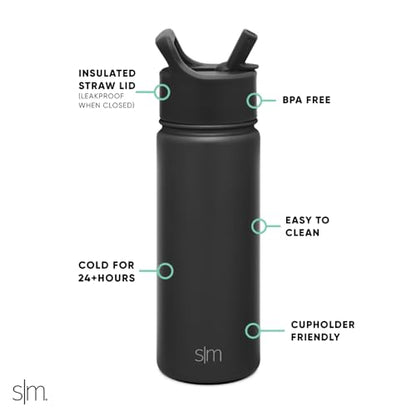 Simple Modern Kids Water Bottle with Straw Lid Vacuum Insulated Stainless Steel Metal Thermos Bottles | Reusable Leak Proof BPA-Free Flask for School | Summit Collection | 18oz, Midnight Black - color: - Midnight Black, style: 18oz