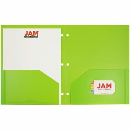 JAM PAPER Heavy Duty Plastic 3 Hole Punch Pocket Folders - Extra Tough School Folders - Lime Green - Bulk 144/Box - color: Lime Green, size: 144 Per Pack