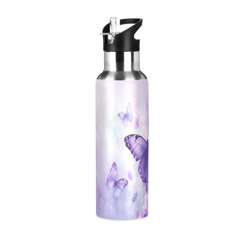 Purple Butterfly Lilac Flowers Water Bottle Women Men Insulated Stainless Steel Water Bottles with Straw Lid Leakproof Water Flask for Sports 20 oz