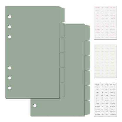 Koqye 12PCS Sage Green Personal Dividers with 6 Tabs & Planner Stickers | 3.75" x 6.75", Plastic Blank Side Tab Dividers Refillable Page Protectors for 6-Ring Binders, Planner, Agenda - color: Sage Green- 2 Sets