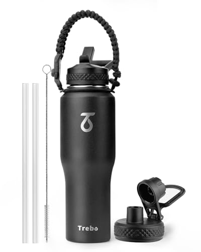 Trebo 32 oz Water Bottle Insulated Fits in Any Car Cup Holder with 2 Lids | Stainless Steel T-shape Tumbler with Paracord Handle, Triple Wall Vacuum Copper Plated, Cold 48 Hrs for Travel, Leakproof - color: Black, size: 32 Ounces