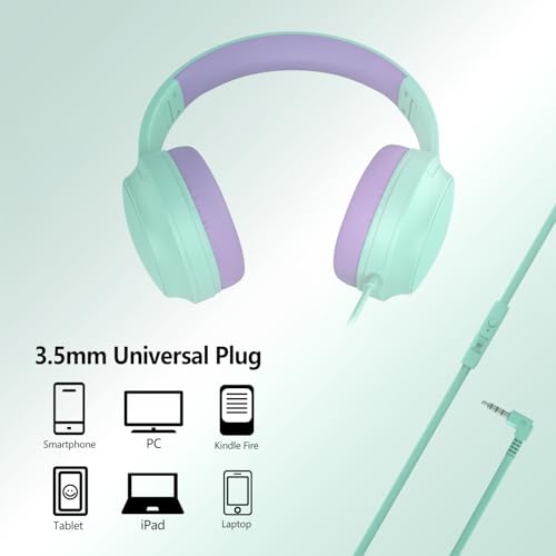 Kids Headphones Wired,Wired Headphones for Kids Over Ear with Microphone,85/94dB Volume Limiter Headphone for Kids Boys Girls Teens Children,3.5mm Wired Foldable Headphone for School/Tablet (Green) - color: Green