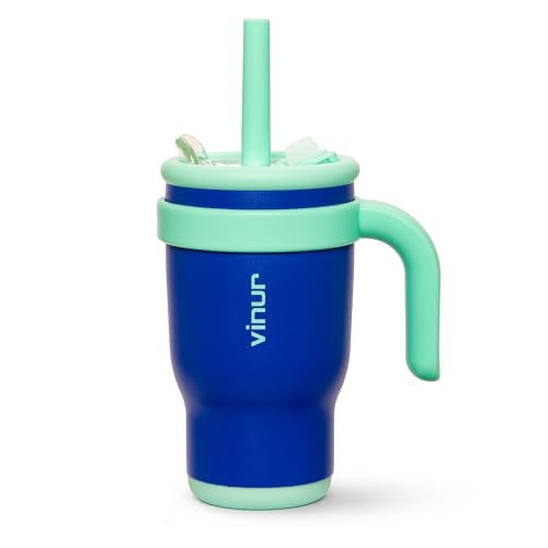 VINUR Kids Insulated Tumbler with Handle 14 oz Stainless Steel Double Wall Vacuum Travel Water Drink Cup with Lid and Straw (Navy) - color: Navy, size: 14 Ounces