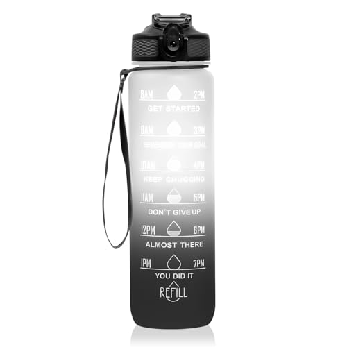 32 oz Motivational Water Bottle with Time Marker,Water Bottles with Times to Drink and Straw with Carrying Strap,Perfect For Fitness Gym Outdoor,BPA Free (Black & White Gradient) - color: Black & White Gradient