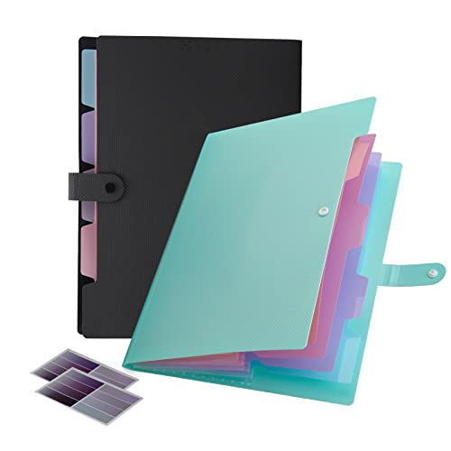 NAFY Colorful Expanding File Folder, 5 Pockets Folder with Colored Labels Portable Weave Pattern Accordion File Folder A4 Letter Size Project Organizer Document Folder for Office School (Black+Green) - color: Black+green