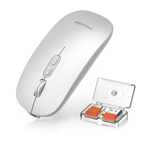 FMOUSE Slim Wireless Mouse, Tri-Mode 2.4G/Bluetooth, Rechargeable – Silver | USB-A & USB-C Receiver | Silent Click | One-Key Desktop | Works with Mac, iPad & Laptops | Long-Life Battery | Portable - color: Silver