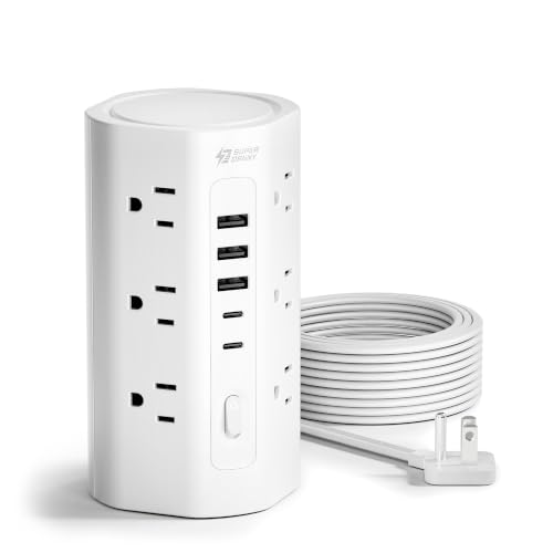 Tower Power Strip, 10Ft Extension Cord with Multiple Outlets, Flat Plug Power Tower 1700J Surge Protector, 12 AC Outlets 5 USB Ports (2 USB C), Desk USB Charging Station, Home Office Dorm Room, White - color: White, size: 10 FT
