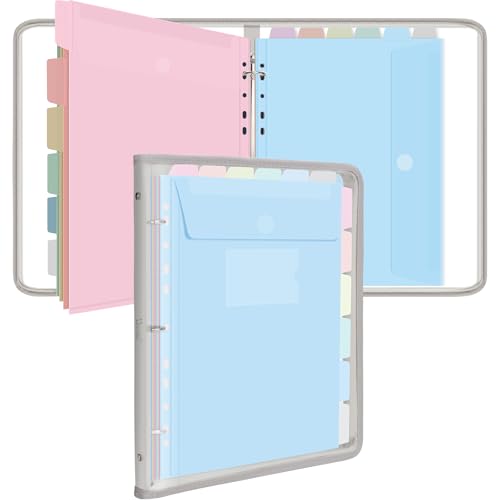 Uquelic Document Organizer, Soft PVC Binder with 12 Colorful Pockets - Zipper Binder 3 Ring with Dividers Letter Size (11'' x 8.5'')-Large Capacity Cute Folder for School, Office & Home Use (Grey) - color: Grey