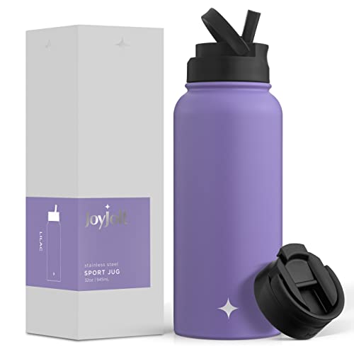 JoyJolt Triple Insulated Water Bottle with Straw Lid AND Flip Lid! 32oz Large Water Bottle, 12 Hour Hot/Cold Vacuum Insulated Stainless Steel Bottle. BPA-Free Leakproof Water Bottles - Thermos Bottle - color: Lilac Purple, size: 32 Ounces