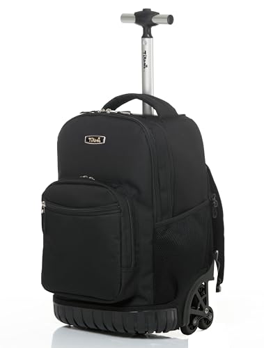 NEW TILAMI 18-Inch 6-Wheel Rolling Backpack for Kids, Black | Height-Adjustable Trolley Handle Padded Back Panel Adjustable Shoulder Straps Multiple Compartments - color: Black