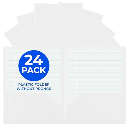 24 Pack White Plastic Folders with Pockets Heavy Duty. 2 Pocket Folder no Prongs Bulk. Tear-Resistant Letter Size 8.5x11. Presentation Ready School and Office Supplies - color: White, style: No Prongs
