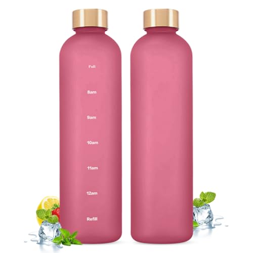 Plastic Water Bottle 32 Oz, Slim Water Bottle with Time Marker, 1 Liter Large Capacity Time Marked Cute Water Bottles for Women Men Fitness,Office and Outdoor Sports - color: Pink