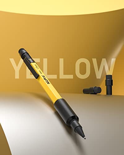Nicpro 1.3 mm Mechanical Pencil Set with 12 Lead Refill, Eraser - Weatherproof Metal MP2000 Heavy Duty Carpenter Pencil for Outdoor Marking Drafting Drawing Sketching Woodworking - with Case - style: 1 Pack (Yellow)