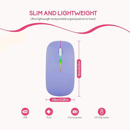 LED Wireless Mouse, Slim Silent Dual-Mode 2.4G+BT Rechargable 7-Color Portable Mobile Optical Office Mouse with USB Receiver, 3 Adjustable DPI Levels for Notebook, PC, Computer, MacBook (Purple) - color: Purple